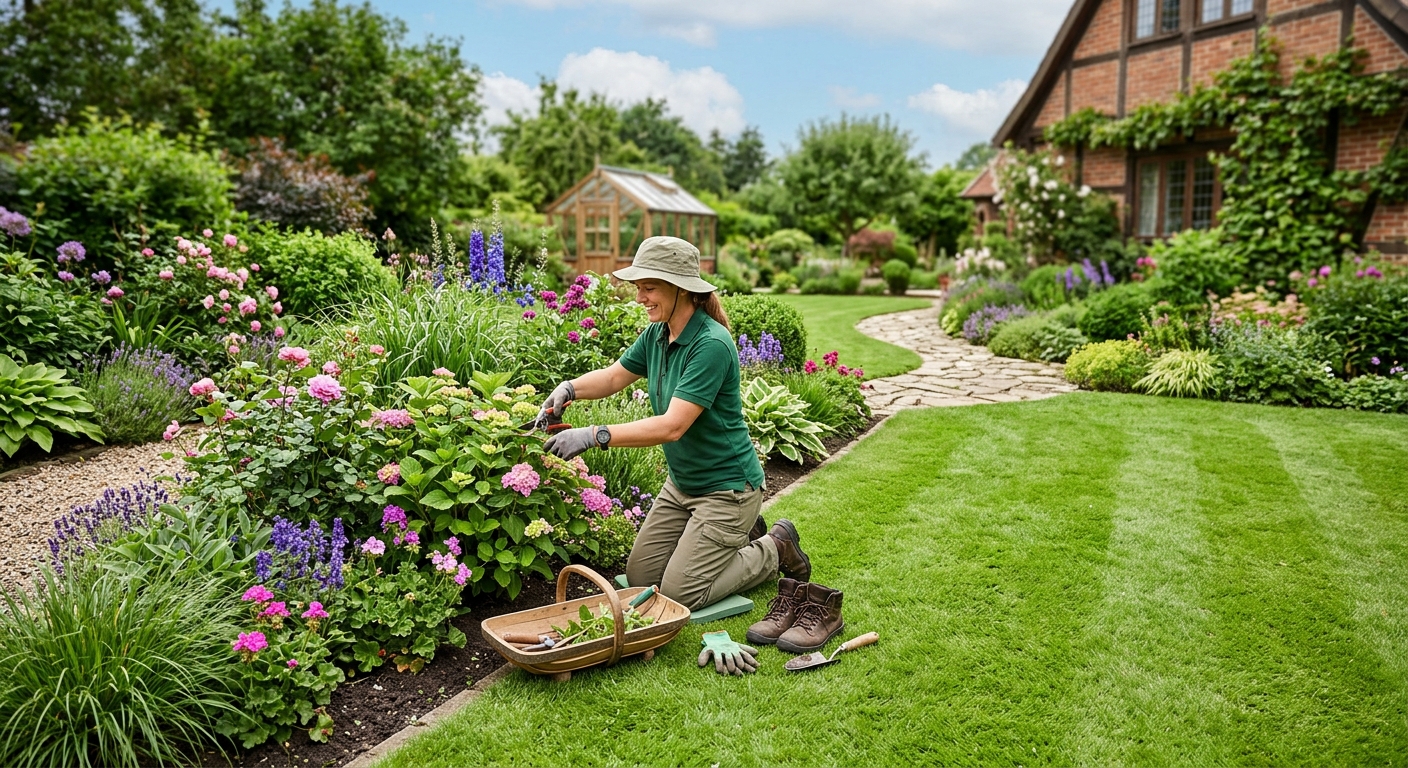 Gärtner pflegt einen gepflegten Garten mit Rasen und Pflanzen